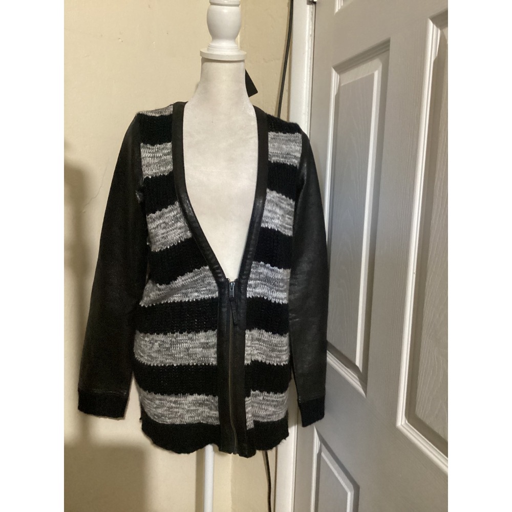 Trouve Womens Striped Zip Front Longline Cardigan Sweater Black Grey Mohair S